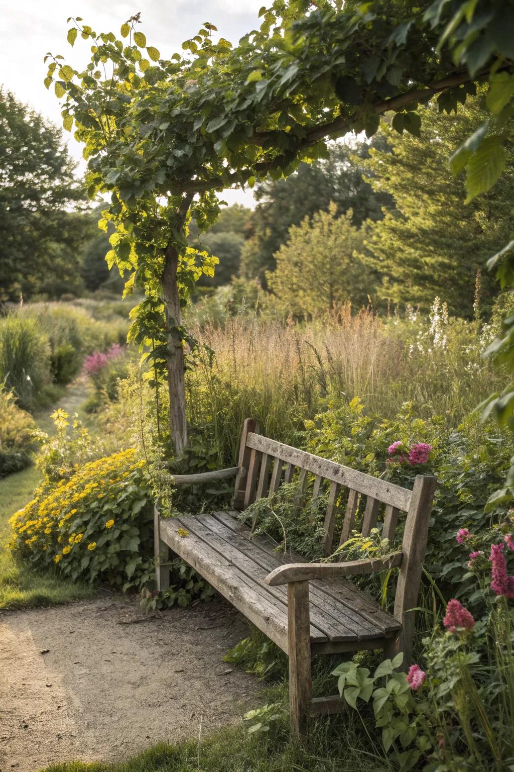 A secluded bench offers a serene escape in the garden