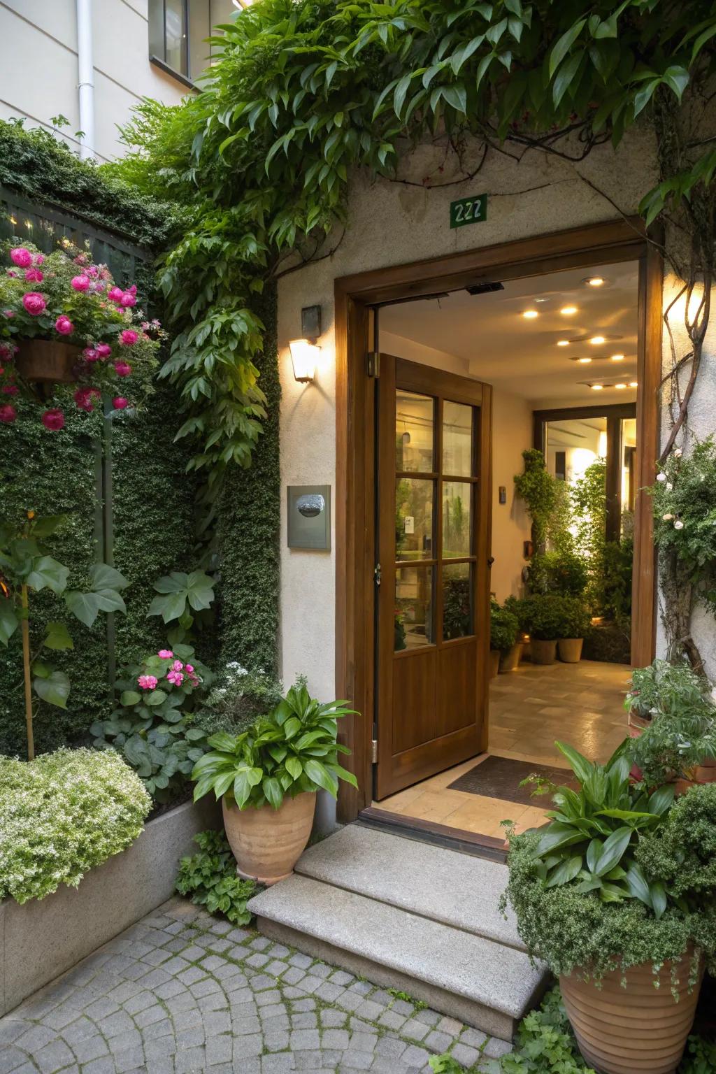 A beauty salon entrance enveloped in lush greenery and potted plants.