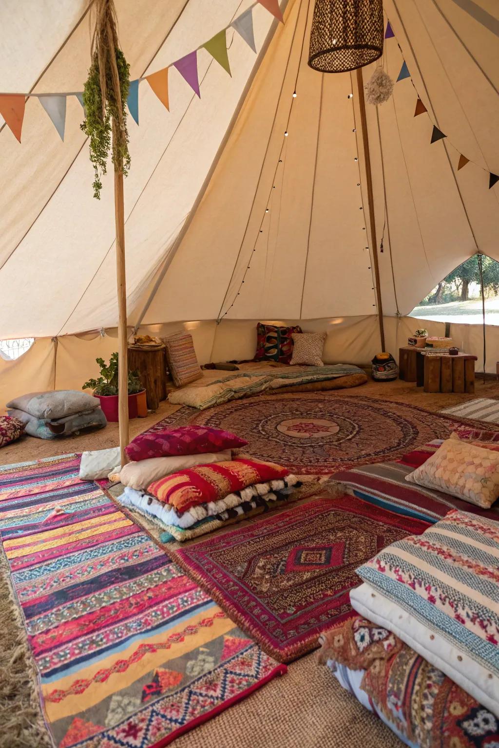 Bohemian vibes with layered rugs and eclectic decor.