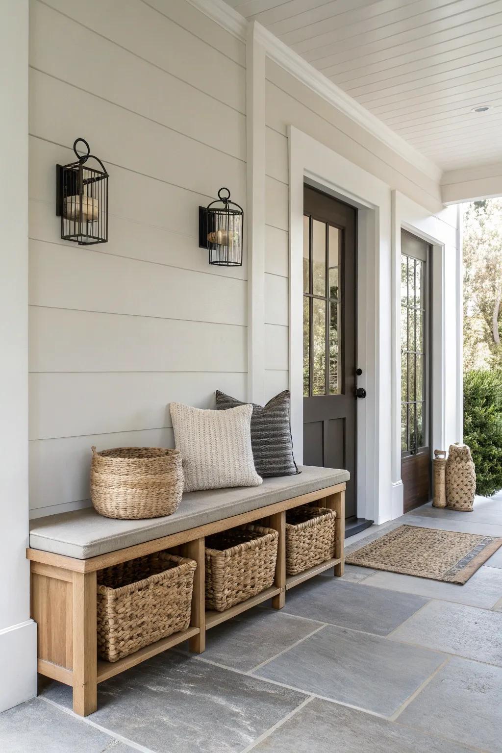Wicker baskets under a bench offer both style and storage.