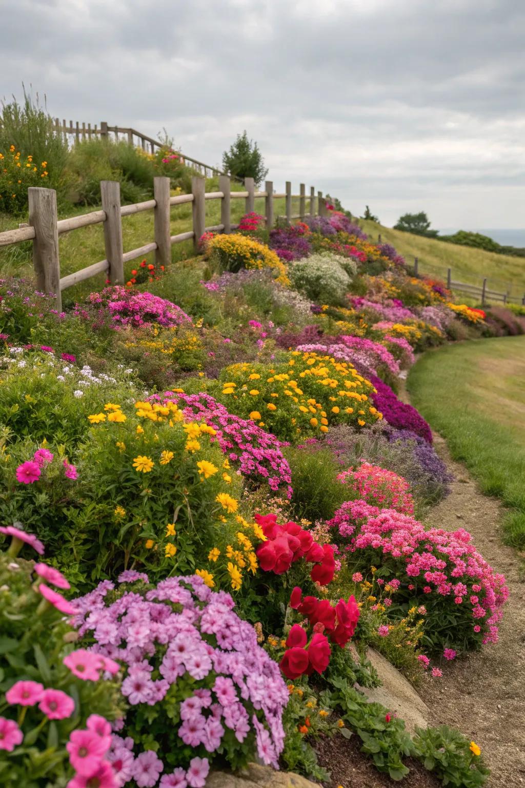 Flowering plants adding a splash of color to a garden berm.