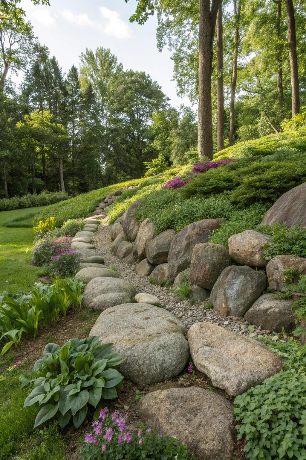 Natural stones add texture and serve as focal points in this creatively designed berm.