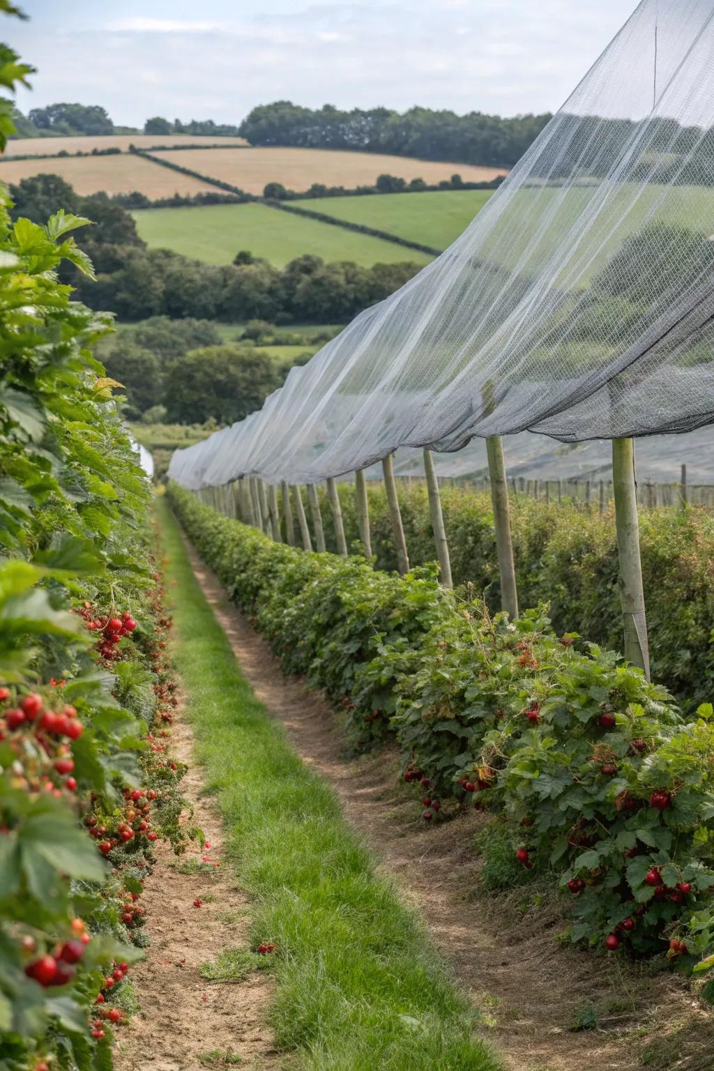 Netting draped over berry plants to protect the fruit from wildlife.