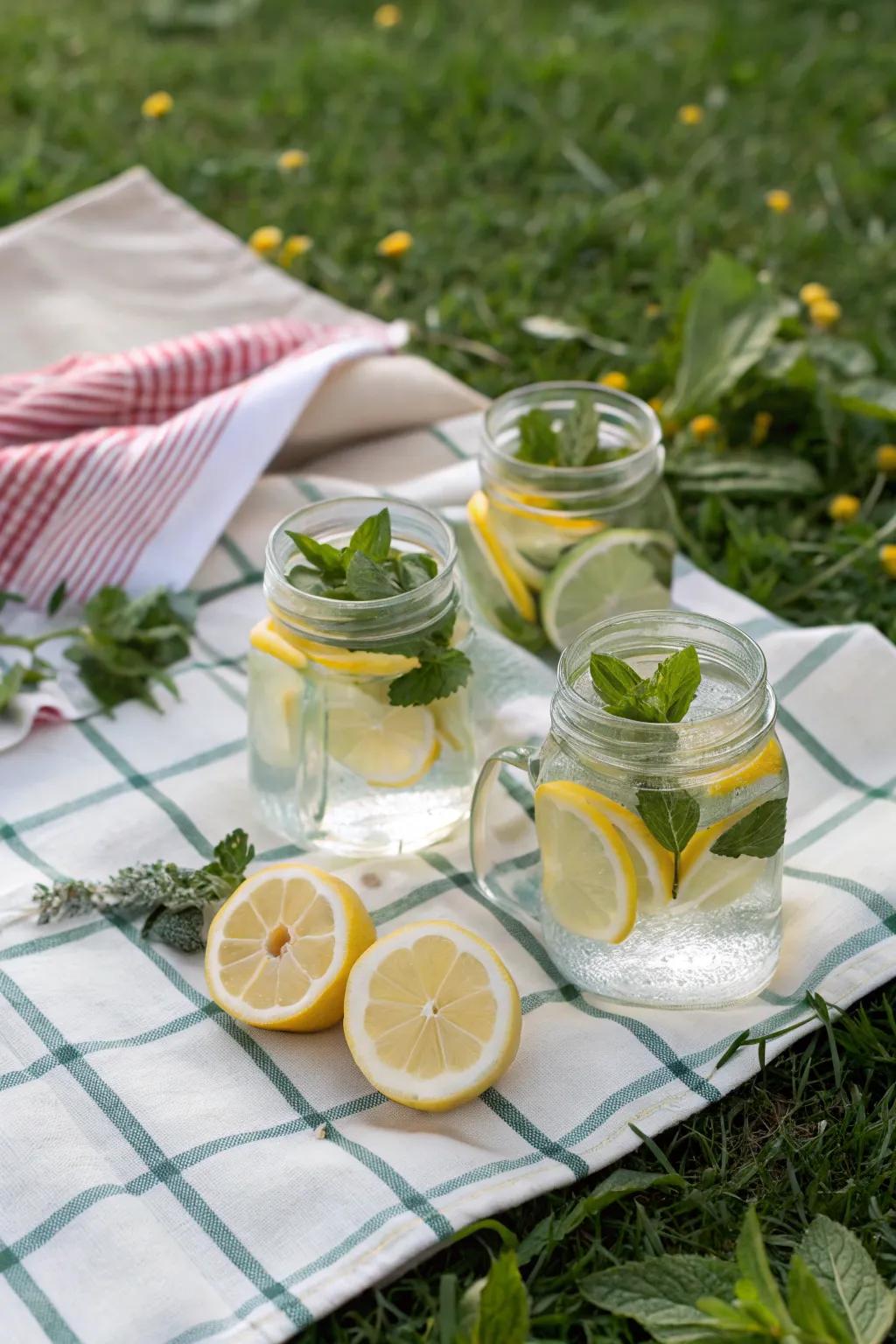Refreshing lemon and mint infused water.
