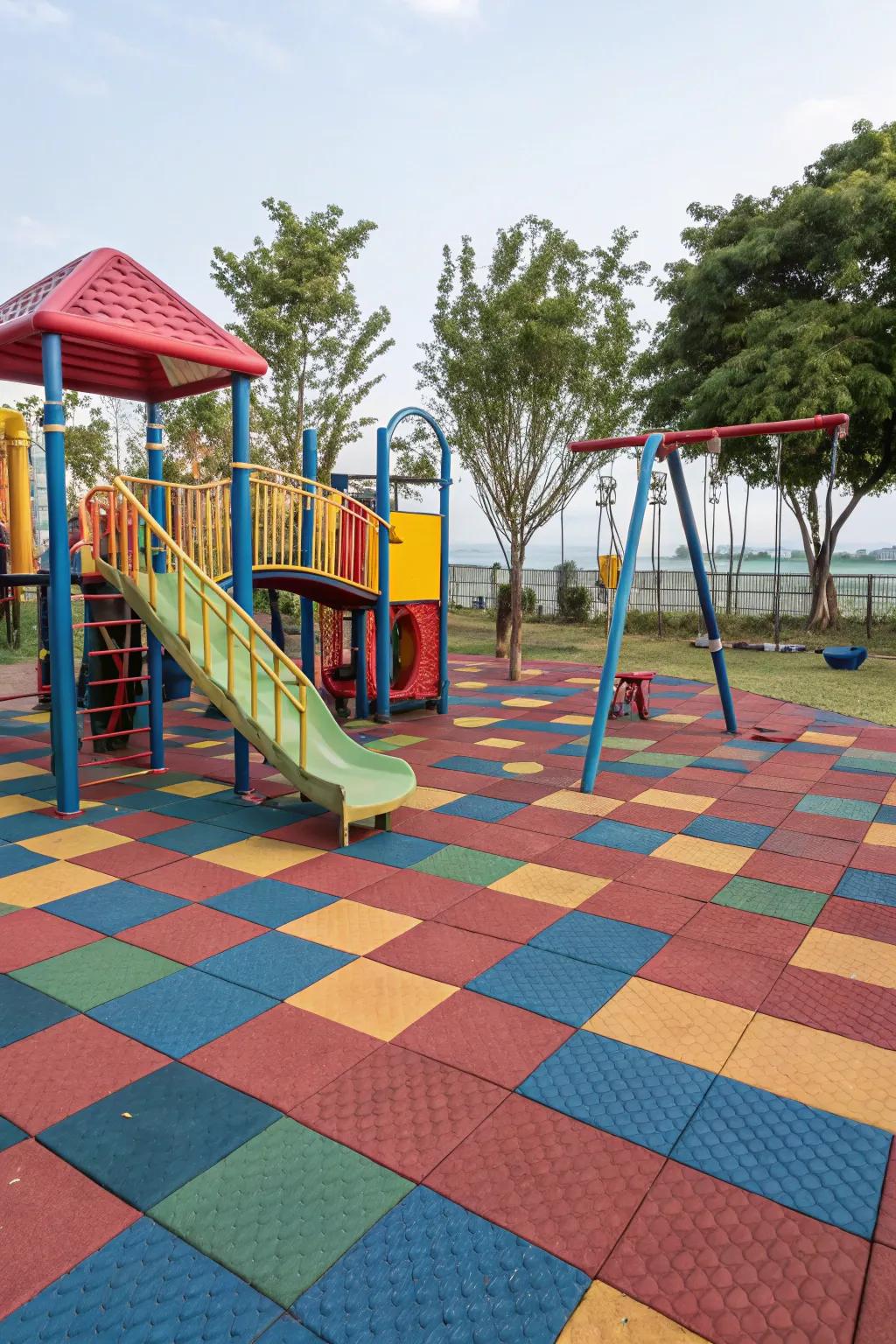 Rubber tiles create a colorful, safe playground environment.