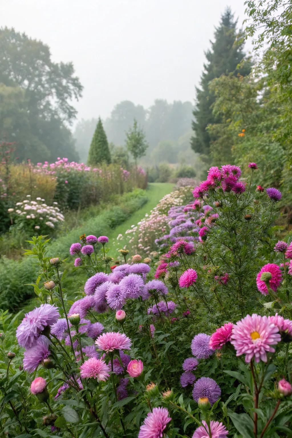Asters bringing vibrant color to an Iowa garden even in late summer.