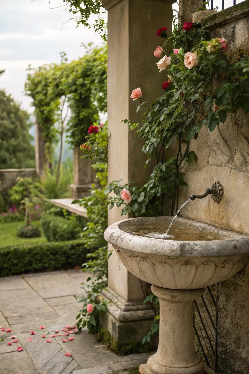 A stone basin exudes elegance and timeless appeal in any garden setting.