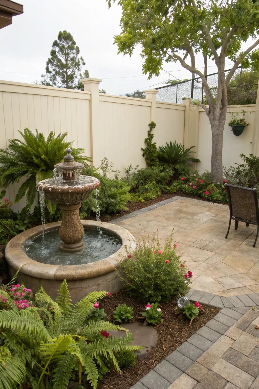 A tranquil patio enhanced with the calming presence of a water feature