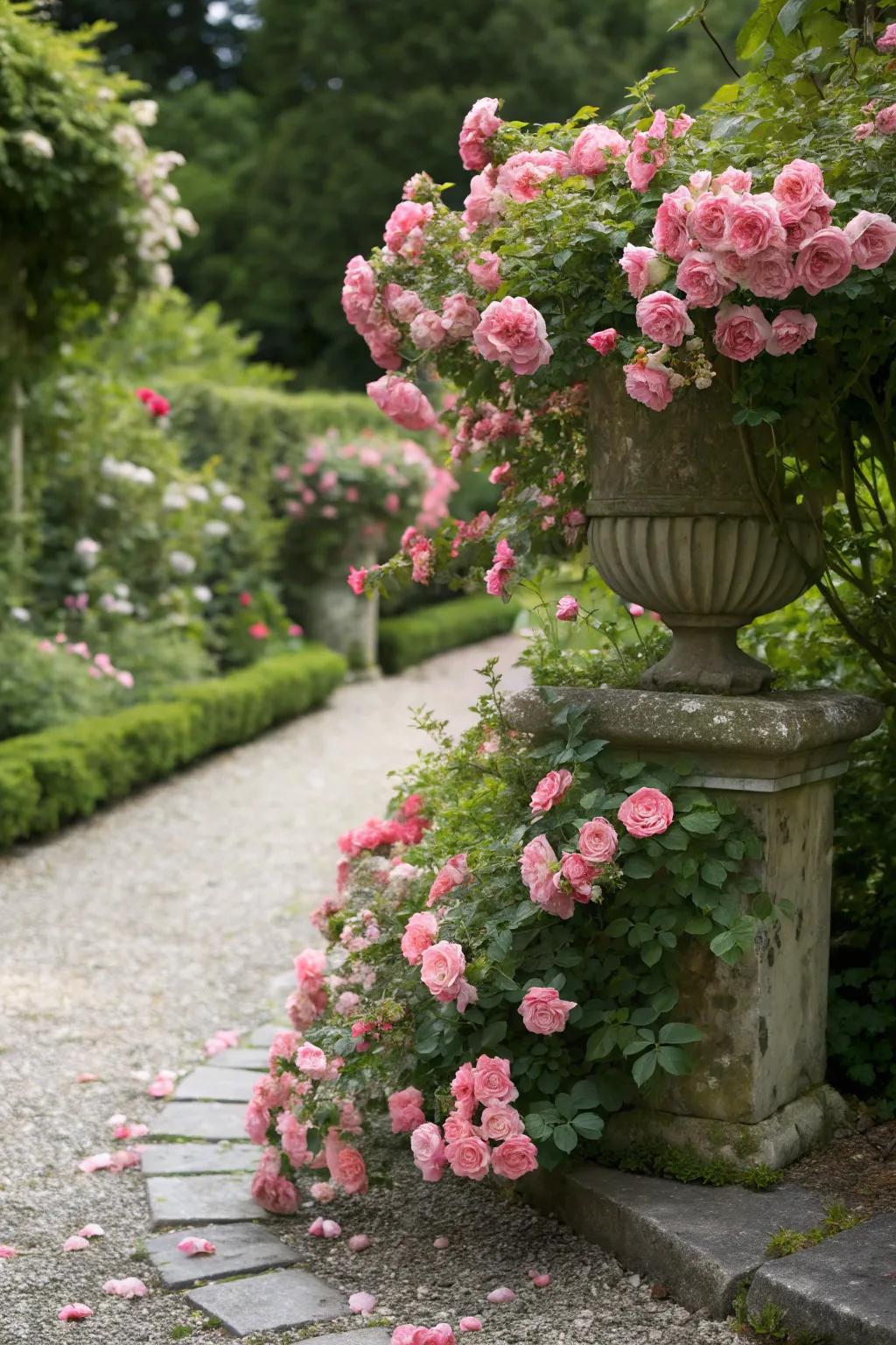 Groundcover roses creating a cascading effect.