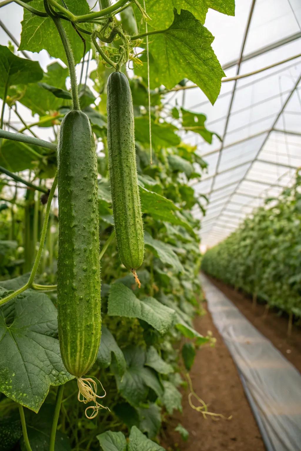 Crisp cucumbers flourishing in a greenhouse, ideal for refreshing snacks.