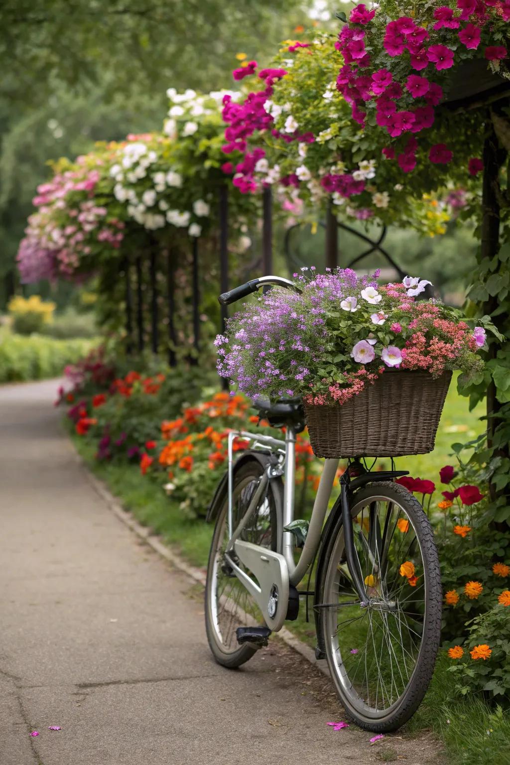 Create a lush garden display with overflowing floral arrangements.
