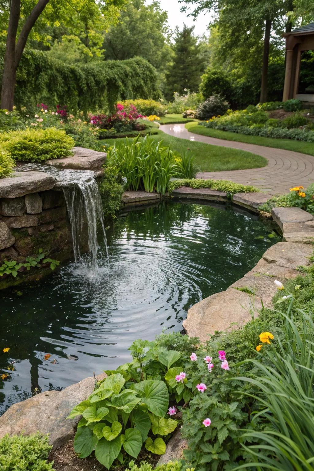 A serene garden pond with a gentle waterfall surrounded by lush greenery.