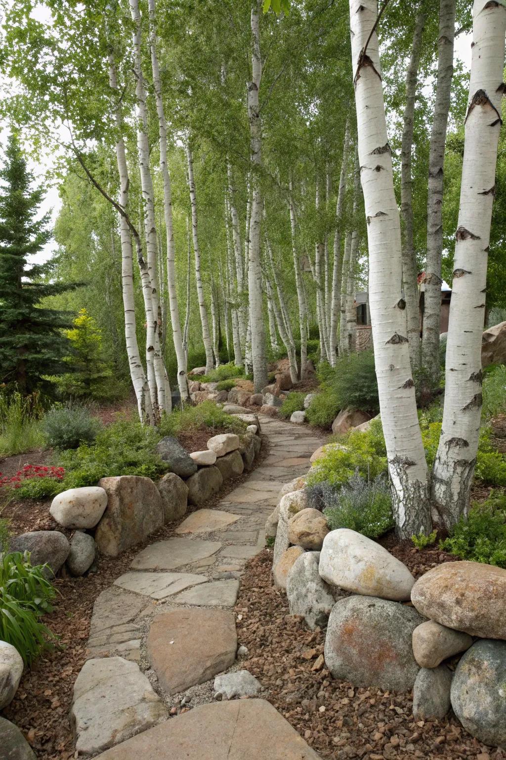 Rock features complement the serene beauty of birch trees.