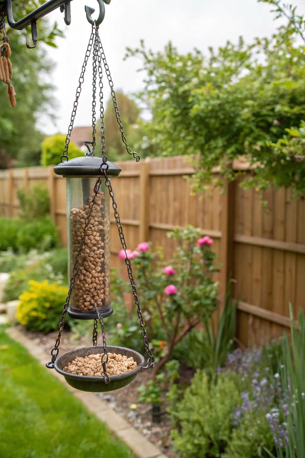 Adjustable hanging chains provide flexibility for feeder placement.