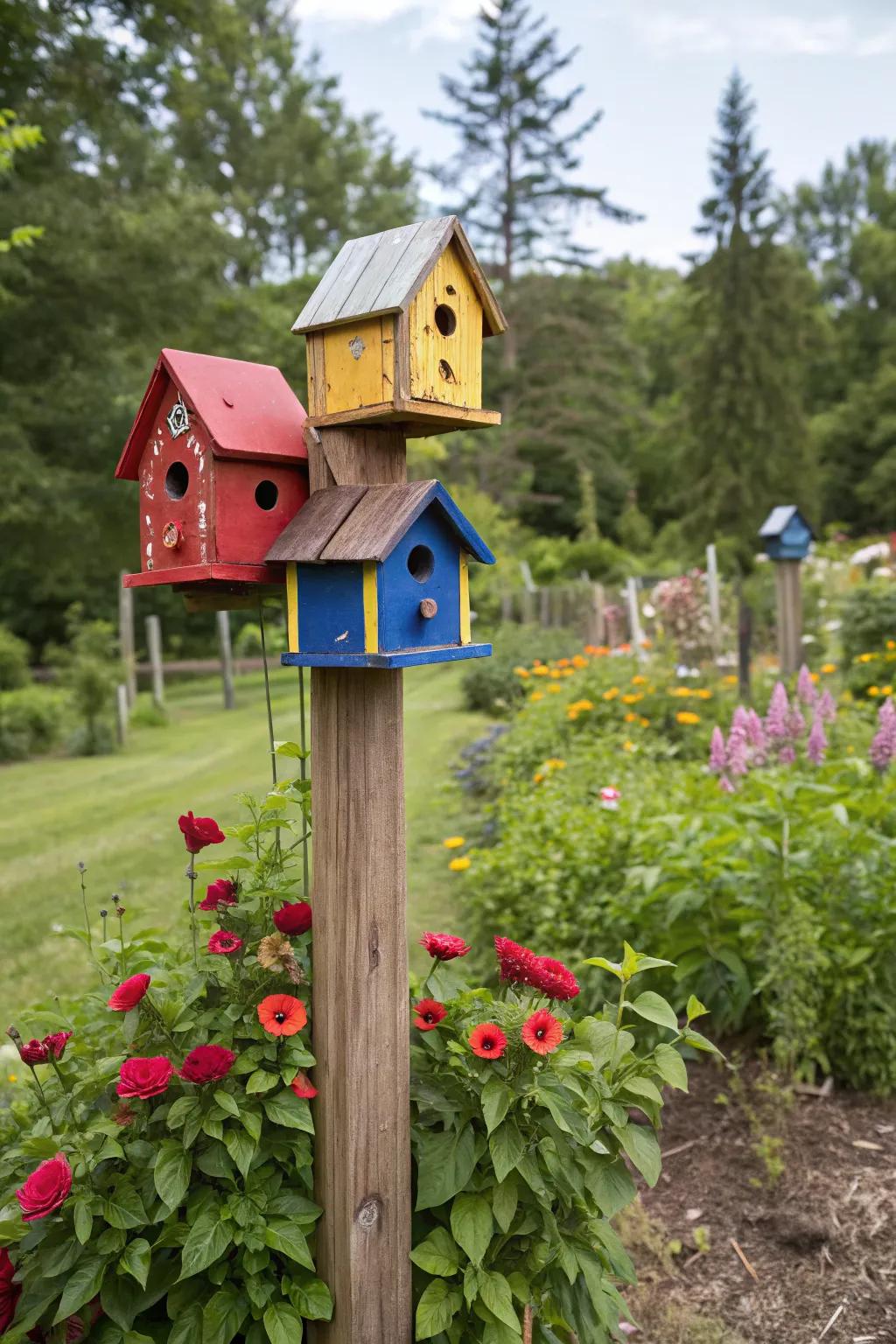 Clustered birdhouses on a post offer a lively gathering spot for birds.