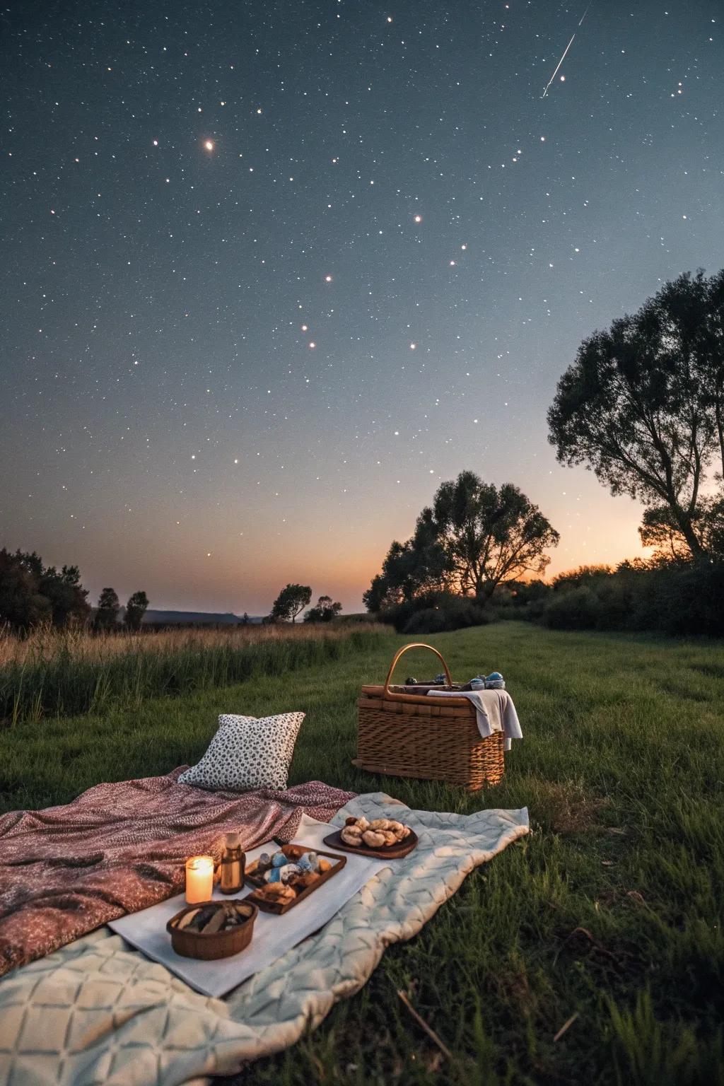 An evening picnic with cozy blankets set under a starry sky.