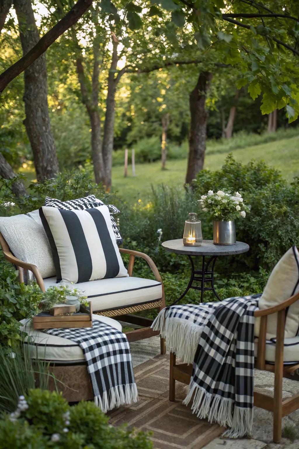 Cozy outdoor seating with striped pillows and throws.