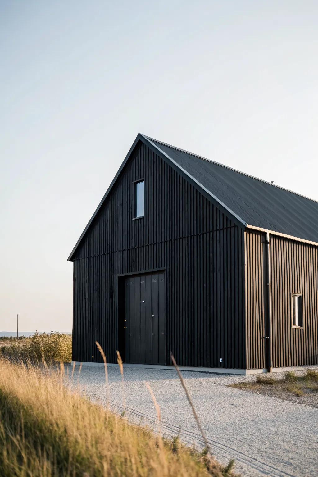 A minimalist black barn design with simple, uncluttered lines.