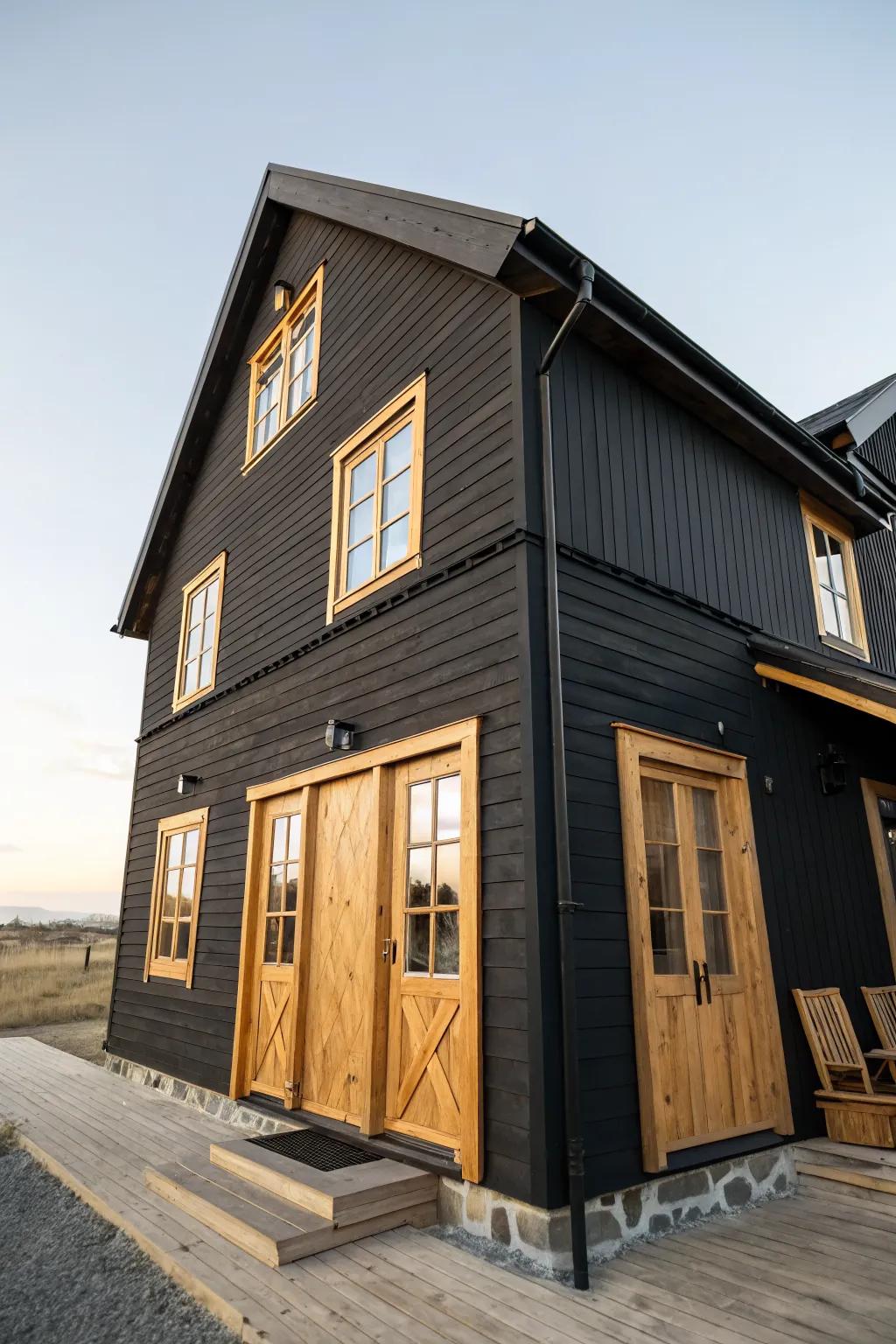 Natural wood accents beautifully complement a black exterior.