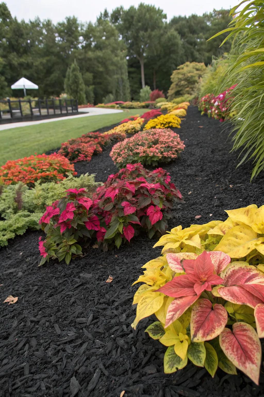 Bright plants contrasting beautifully with black mulch.