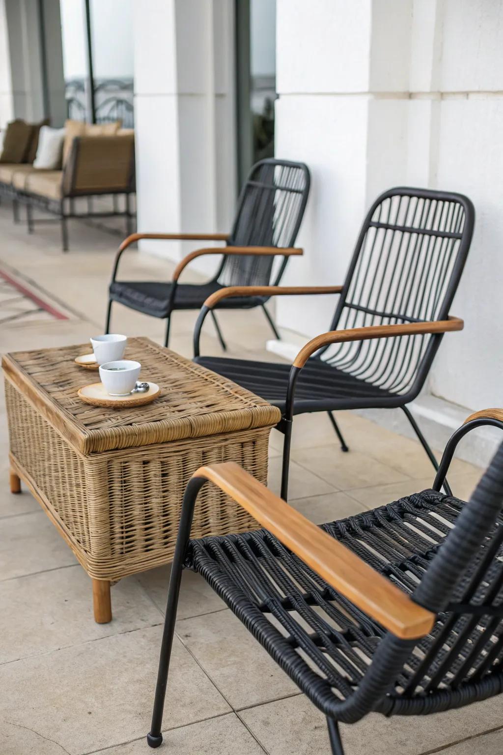 Mixed materials bring warmth and texture to a black patio setting.