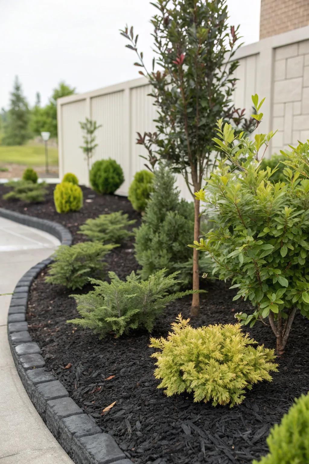 Neat and tidy garden with shrubs enhanced by black rubber mulch.