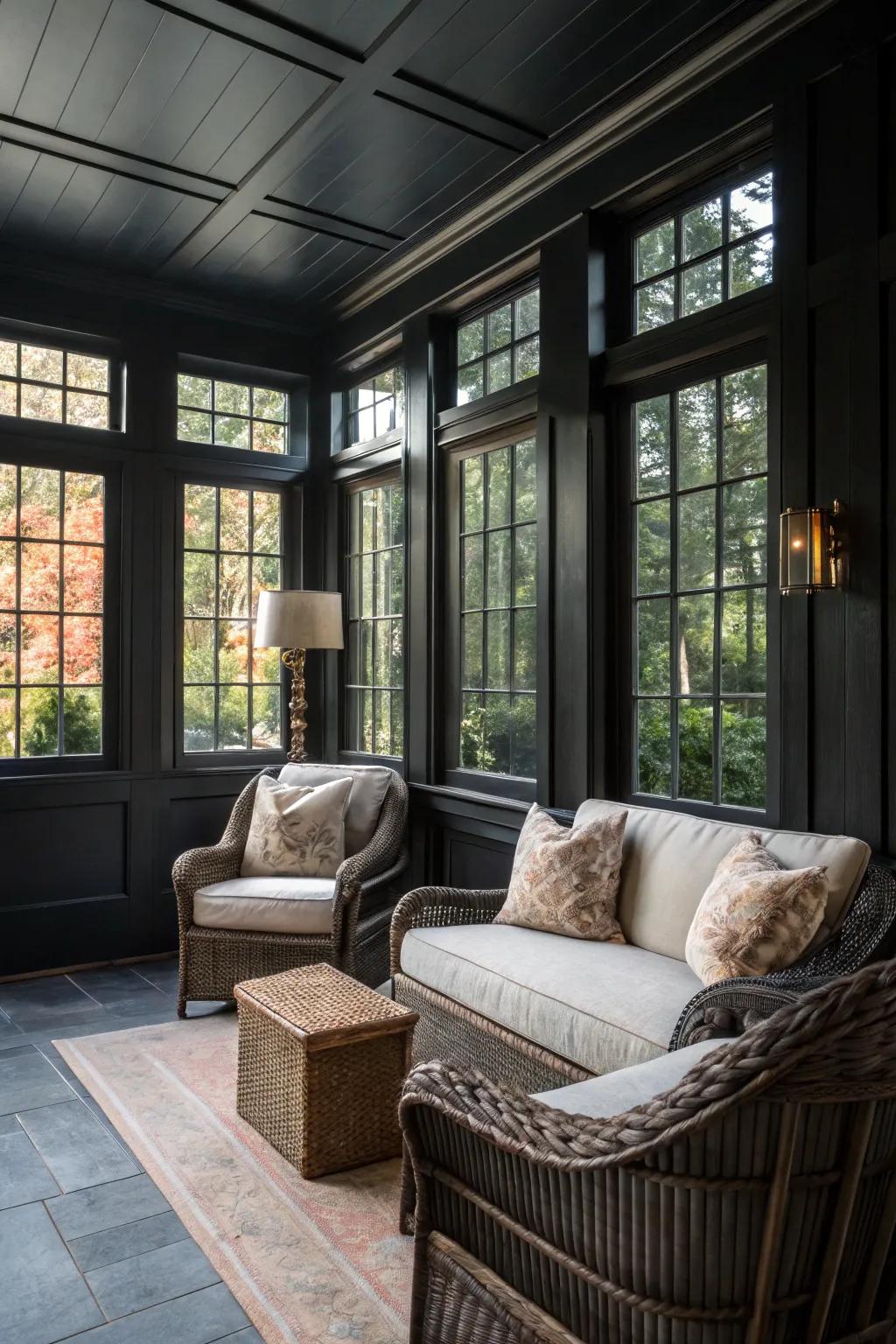 A cozy seating arrangement makes your black sunroom an inviting retreat.