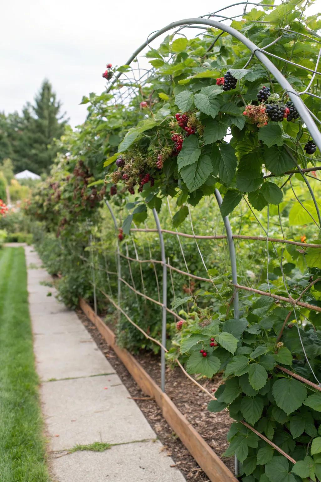 A flexible wire trellis system maximizing garden space.