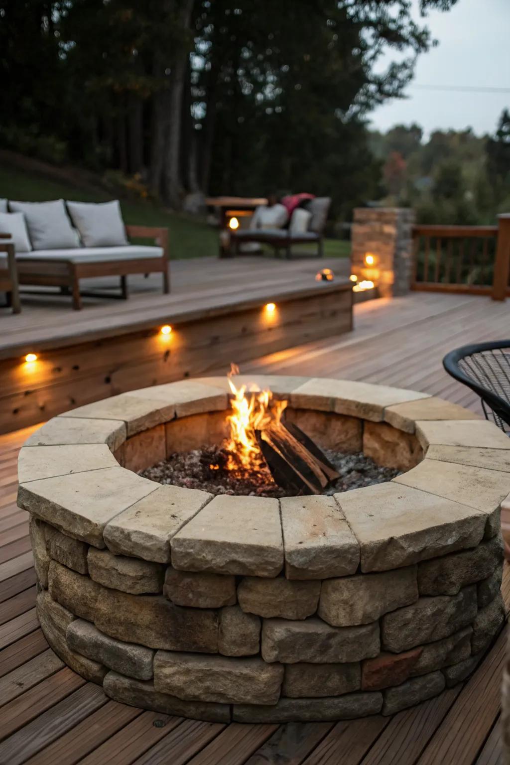 Raised fire pit with built-in seating for the ultimate backyard lounge area.