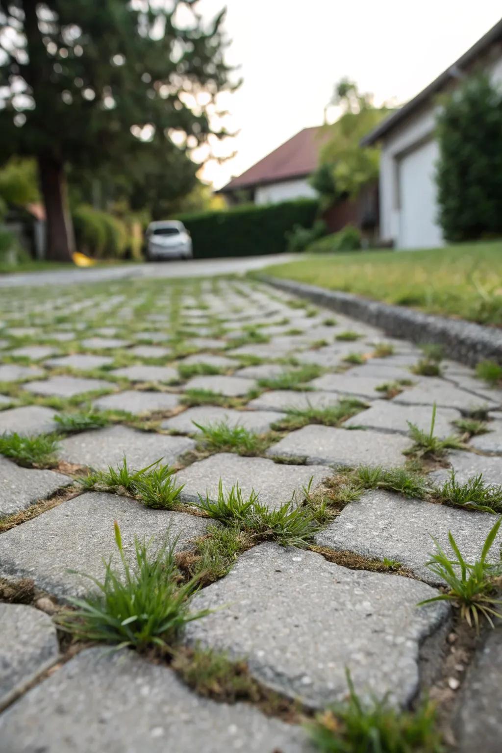 Eco-friendly permeable paving with grass interspersed for natural drainage