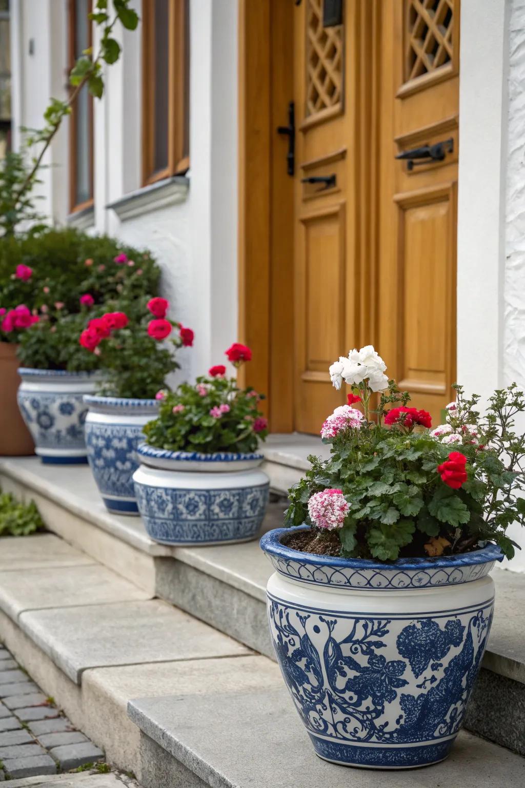 Charming entrance with blue and white potted plants