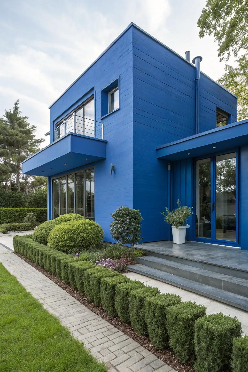 A bold modern house with a cobalt blue exterior that commands attention.