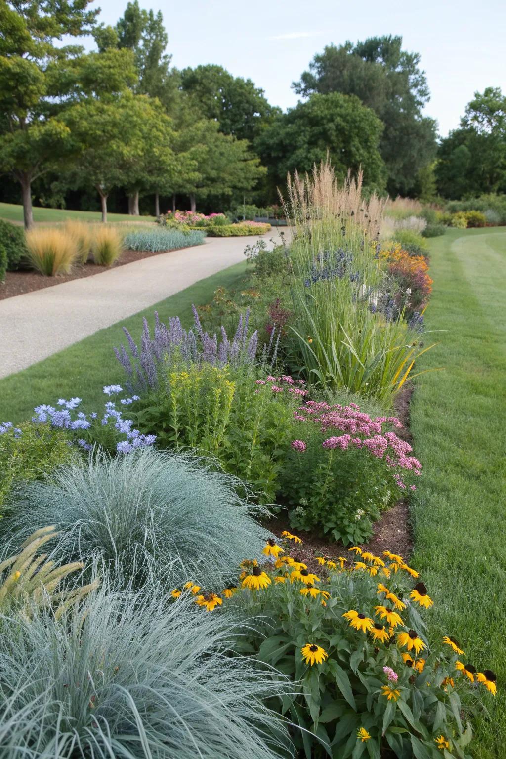 A vibrant mixed planting bed featuring blue fescue and colorful companions.
