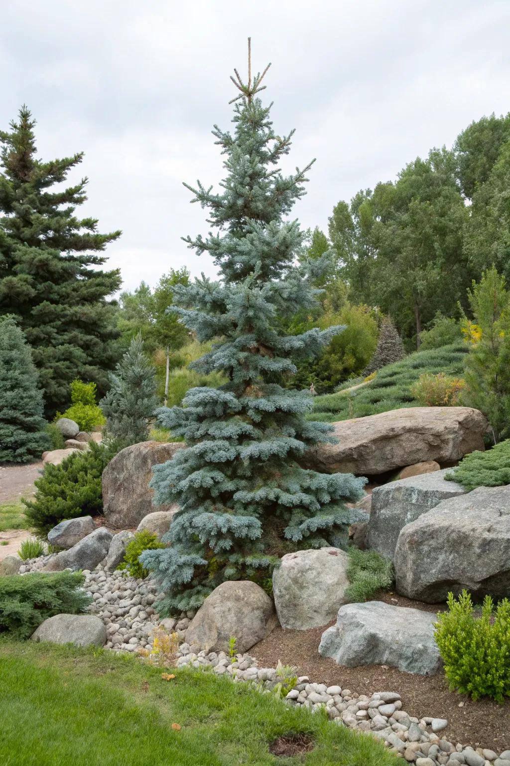 Rocks and boulders add a rustic touch to the blue spruce landscape.