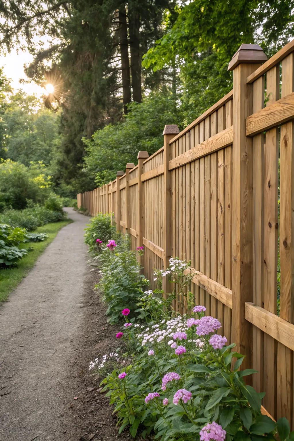 A natural wood finish fence that complements the garden.