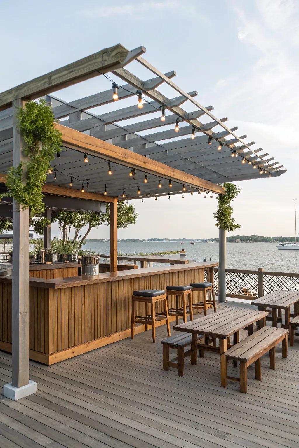 A pergola adds charm and shade to this dockside bar.