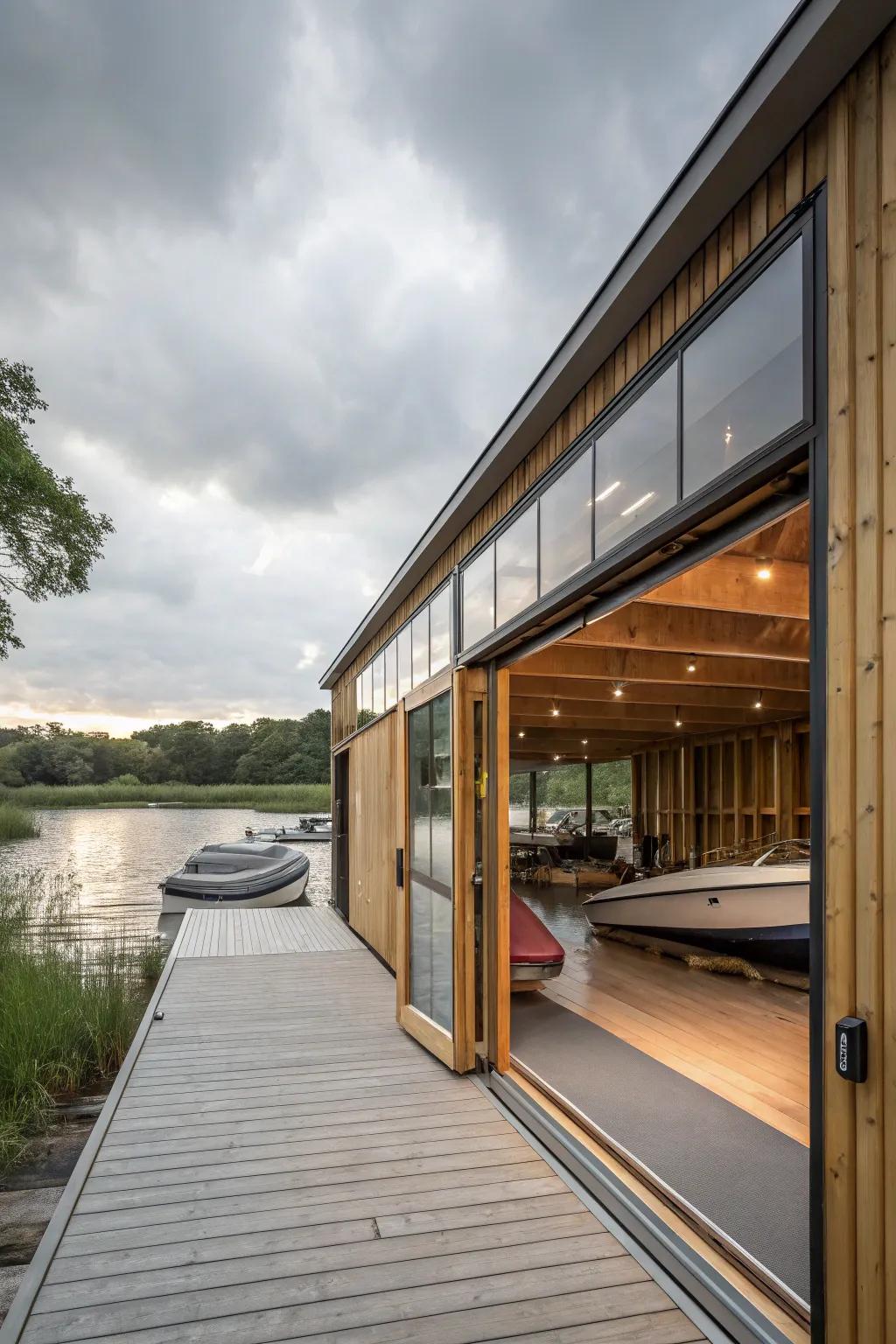 An open-air boat house design with retractable walls for a seamless indoor-outdoor flow.
