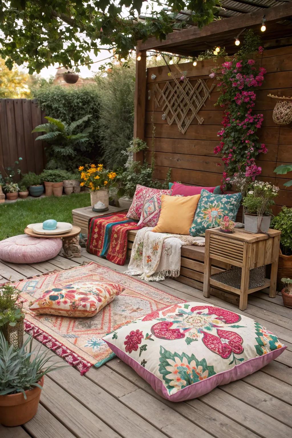 Mix floral and geometric patterns for a vibrant boho look.