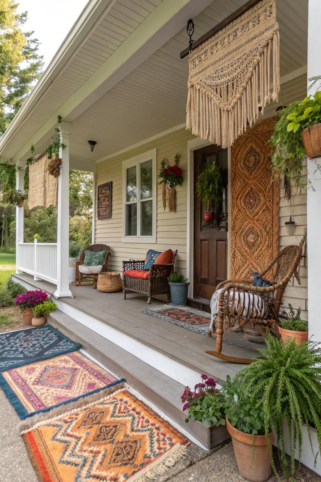 Woven wall hangings add texture and style to your boho porch.