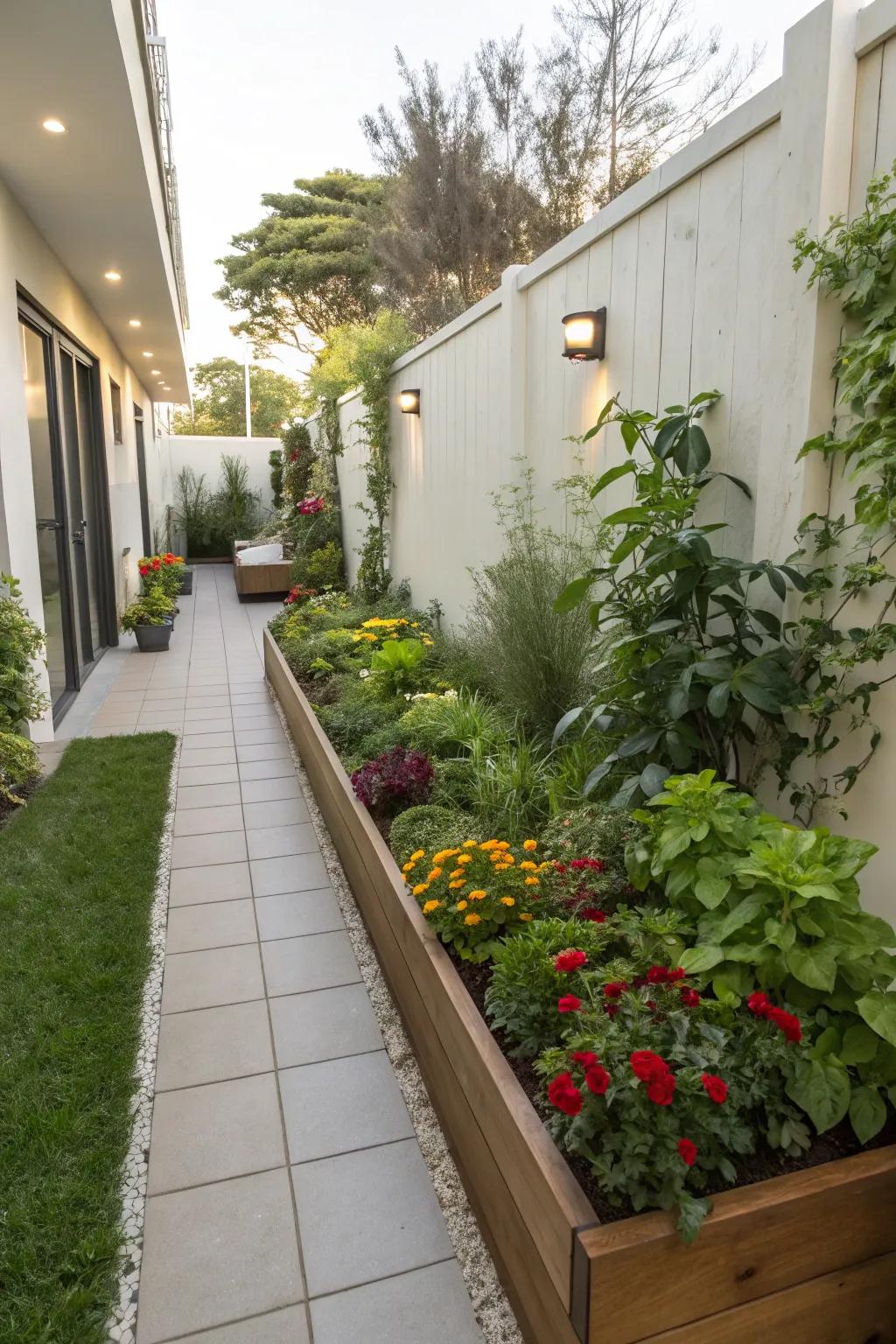 A raised garden bed adds structure and modernity.