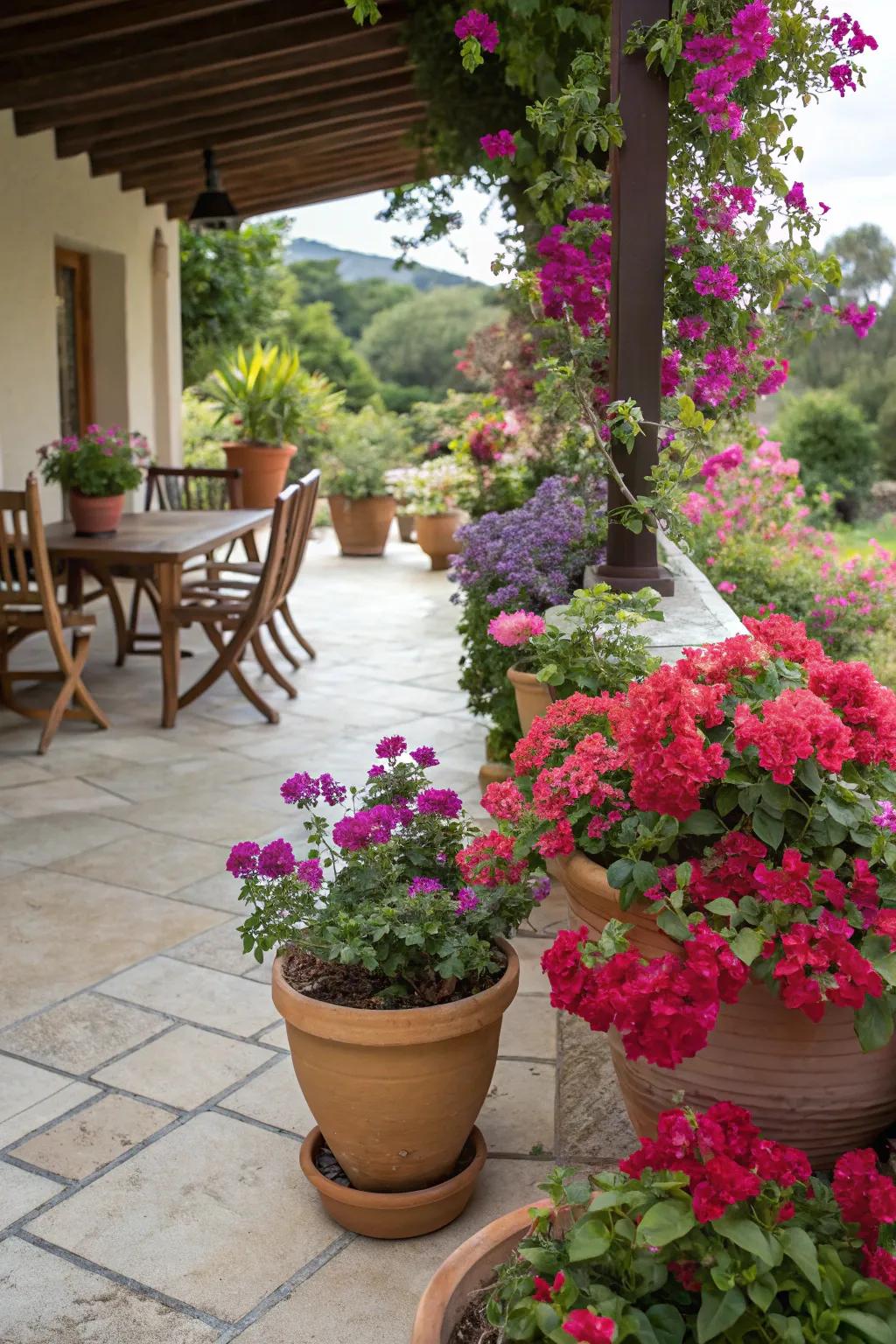 Bring life to your patio with potted bougainvillea.