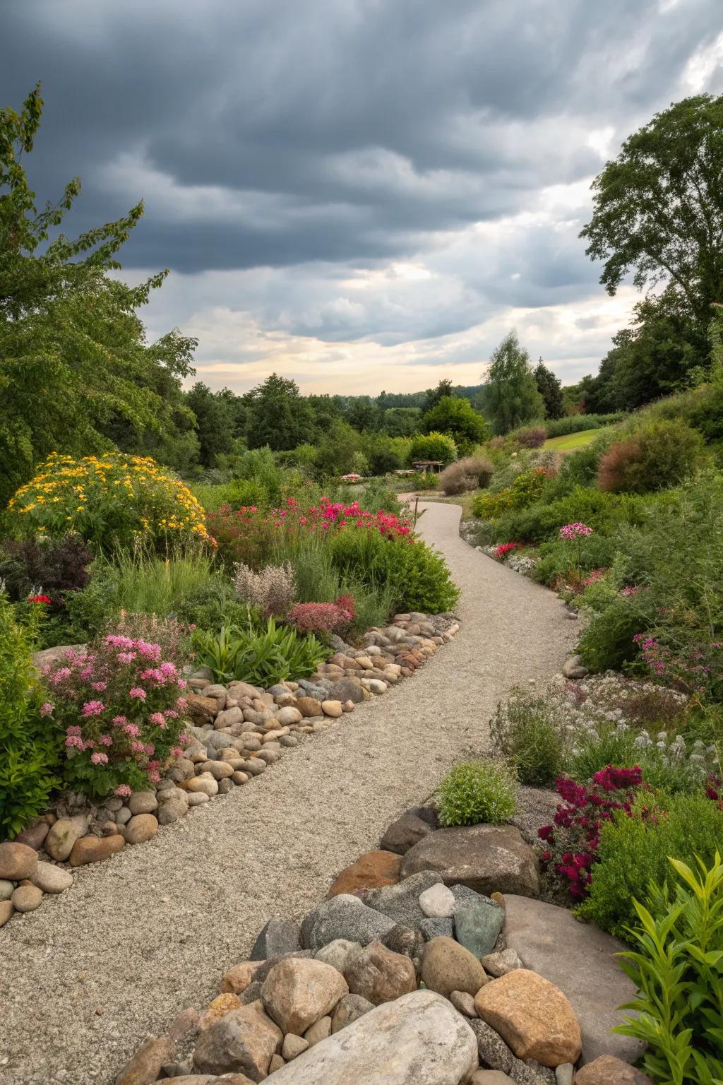Decorative river rocks and gravel enhance a modern boulevard.