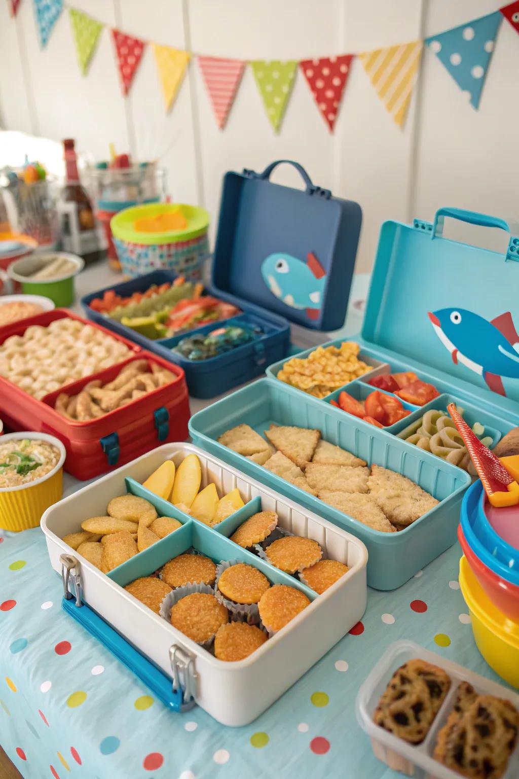 A 'Catch of the Day' table with fish-themed snacks.