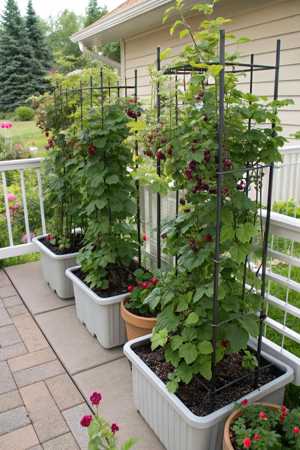 Container trellis setups are perfect for small spaces.