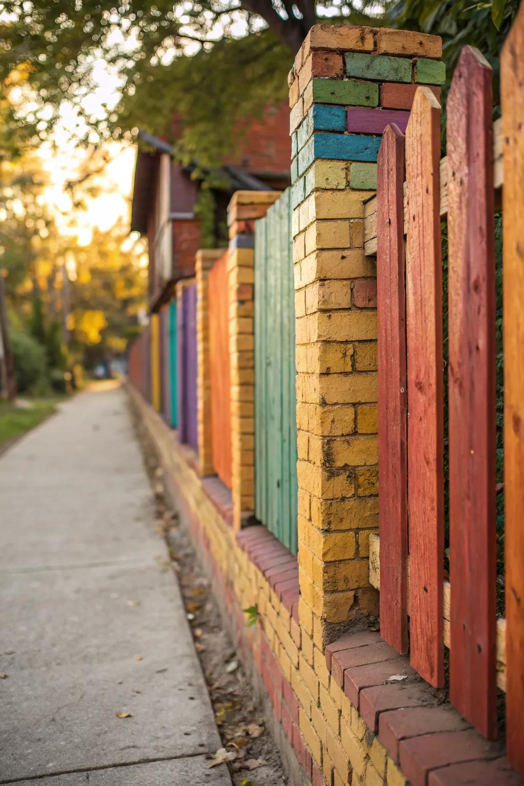 An eclectic fence design with colorful bricks and stained wood
