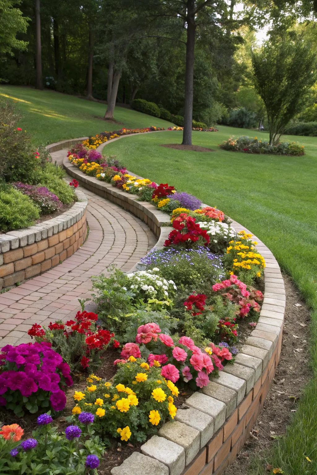 Curved brick edging brings sophistication to garden designs.