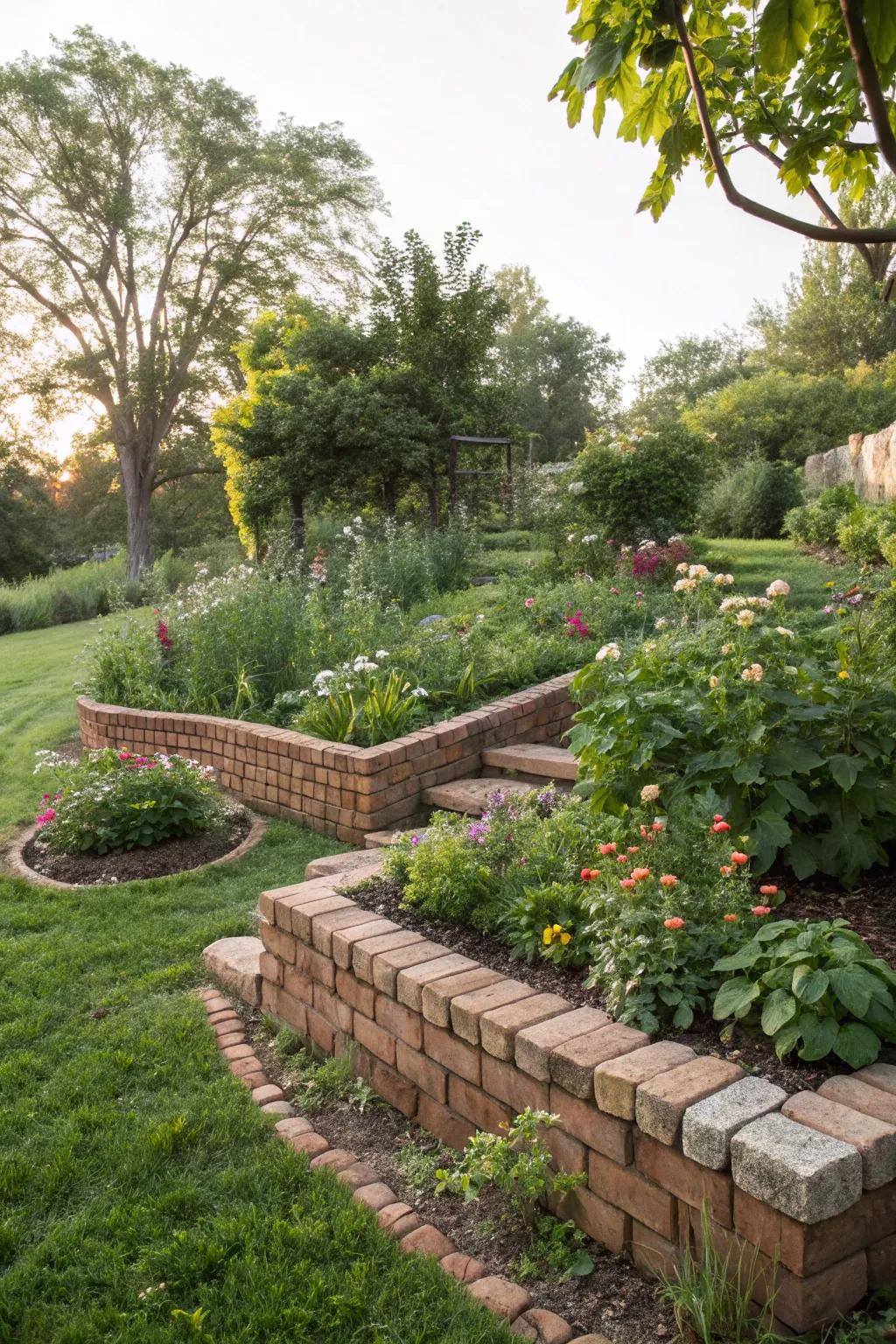 Stacked bricks offer a bold garden border.