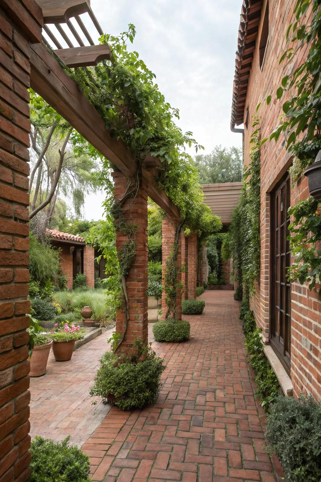Vertical planting with trellises in a brick courtyard.