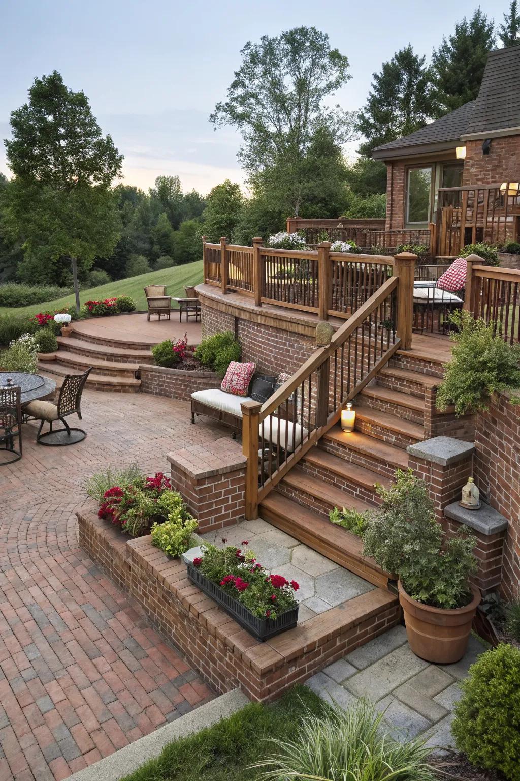 Multi-levels bring dynamic design to this brick deck.