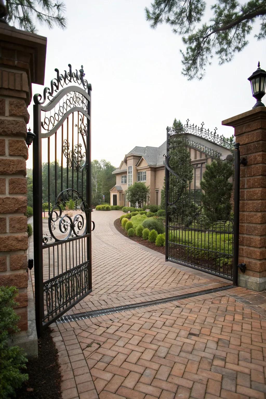 Ornate wrought iron gates enhancing the grandeur of a brick driveway.